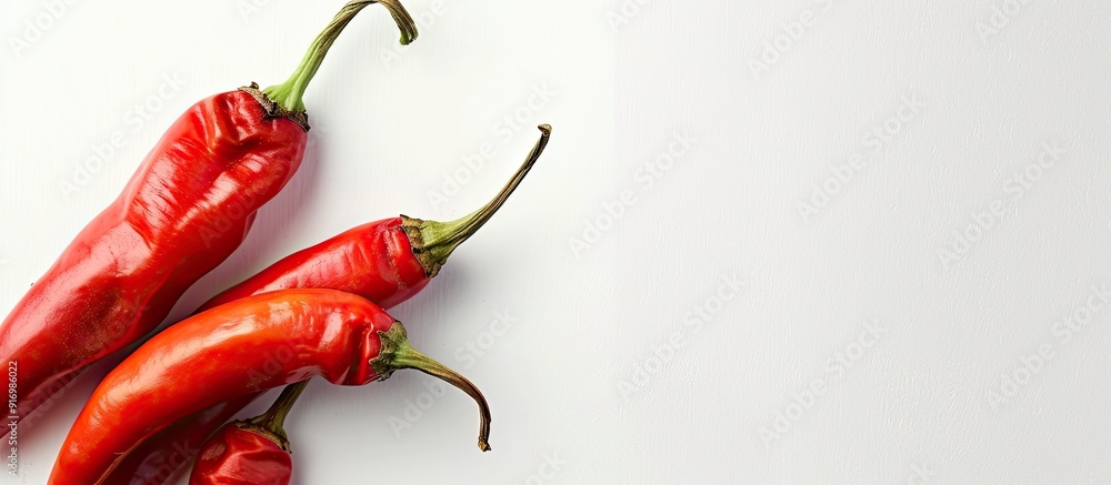 Poster a white background showcases two vibrant red chili peppers with ample copy space image available