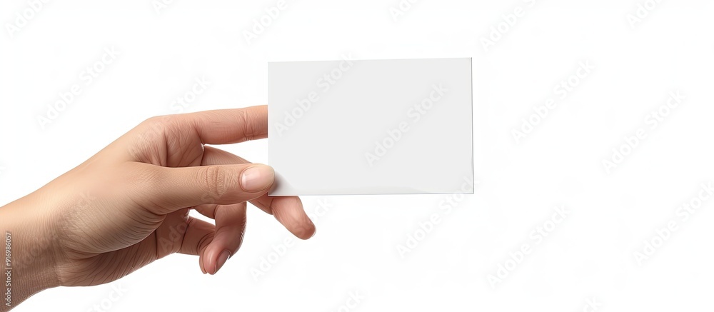Poster A woman s hand holding a card with a blank space image set against a white background and isolated with a clipping path. Creative banner. Copyspace image