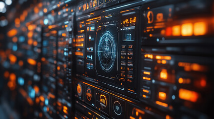 Cybernetic Command Center: A futuristic interface pulses with vibrant orange and blue, showcasing intricate data visualizations and a central targeting system. 