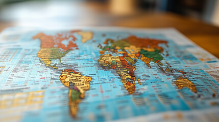 Naklejka premium Global Exploration: A close-up of a detailed world map, showcasing continents and countries in vibrant colors, inviting viewers to embark on an adventure of discovery. The map lies open on a wooden su