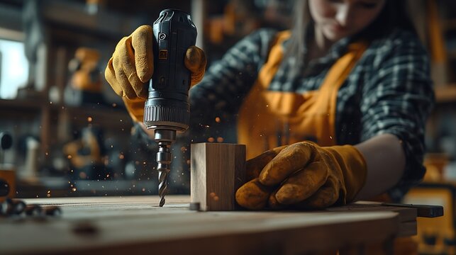 Female Carpenter drilling hole into timber block working in her workshop Woman doing furniture assembling in studio Woodworking expert using electric power drill tool Copy space : Generative AI