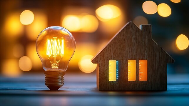 Flat lay composition with energy efficiency rating chart fluorescent light bulb and house figure on wooden background : Generative AI