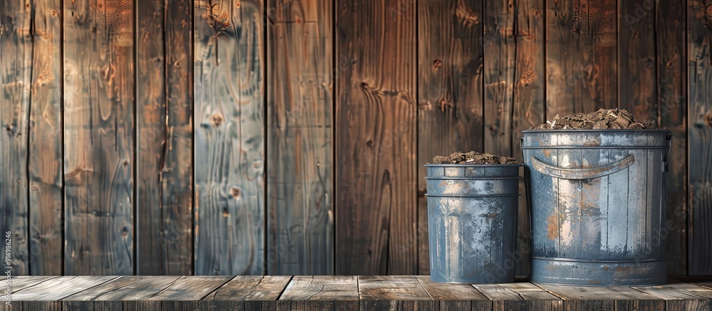 Poster Wooden background with two metal containers in a mockup with copy space image