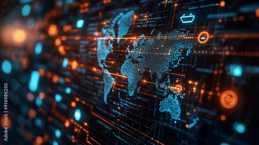 Poster global network, digital age: a high-tech world map made of glowing lines and data points, symbolizin
