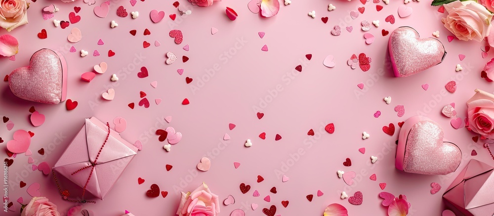 Poster pink background decorated with heart shaped boxes flower confetti or potpourri perfect for a copy sp