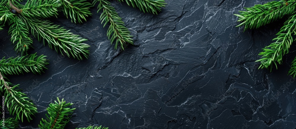 Fototapete copy space image featuring fir tree branches against a black slate backdrop for christmas or new yea