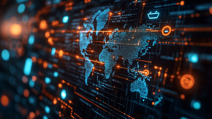 Obraz premium Global Network, Digital Age: A high-tech world map made of glowing lines and data points, symbolizing global communication, technology, and interconnectedness.