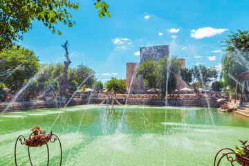 The architectural ensemble of Lyabi Khauz (Labi Hovuz) on a sunny day.