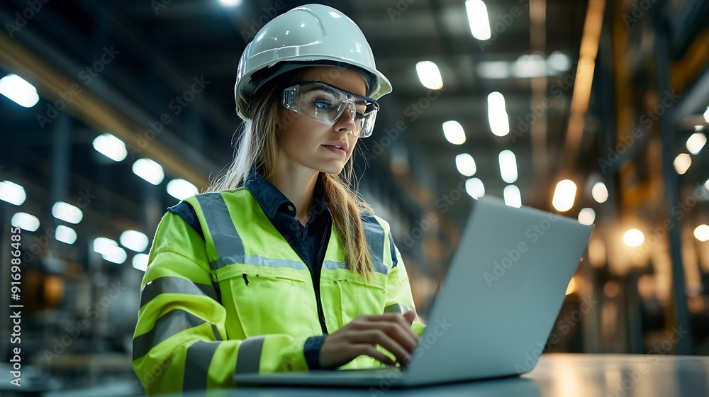 Aufkleber Female engineer using laptop computer for safety control checks or manufacturing maintenance work in factory building or construction site woman engineer inspector working in industry  : Generative AI