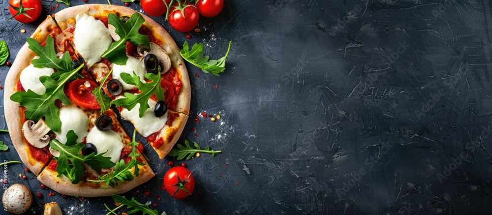 Poster italian pizza topped with mozzarella tomato olives mushrooms and arugula on a background with copy s