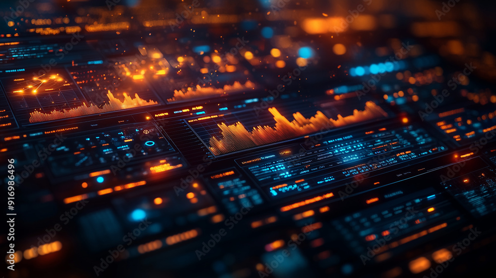Poster cybernetic data flow: a mesmerizing close-up of a futuristic digital interface, showcasing a vibrant