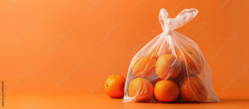 Aufkleber plastic free bag containing oranges in a textile bag on an orange background with copy space image p