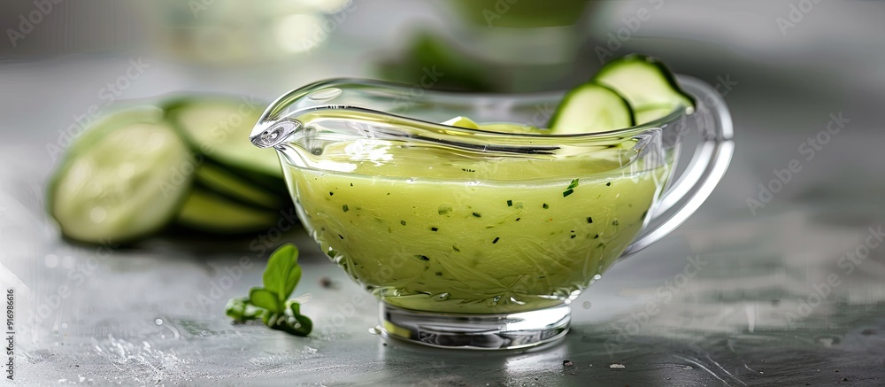 Leinwandbilder a glass gravy boat filled with cucumber sauce displayed on a grey table with a dedicated area for te