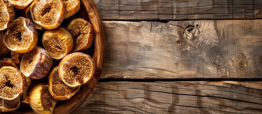 Aufkleber dried figs arranged beautifully on a rustic wooden table with a vast copy space image