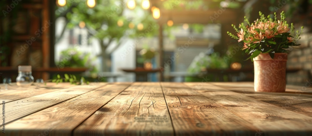 Fototapete a wood table in a cafe or coffee shop background ideal for displaying or montaging items with copy s