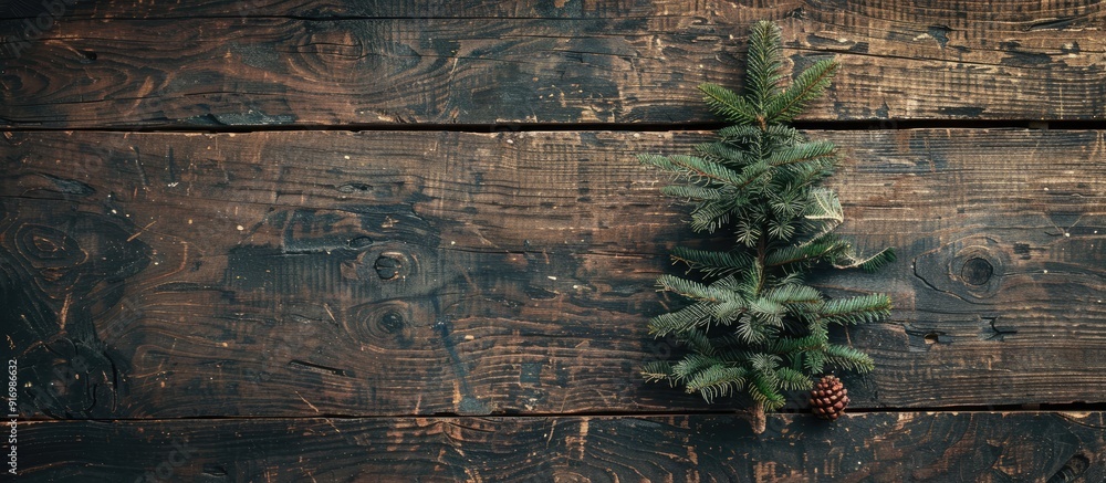 Poster grunge style toned christmas fir tree on a dark wooden board with copy space image