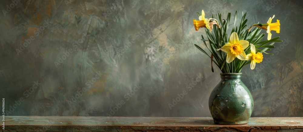 Aufkleber a vase with daffodils surrounded by boxwood provides a delightful copy space image