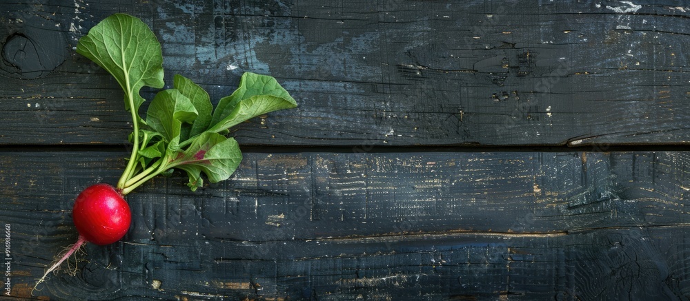 Poster a vibrant radish displayed on a dark wooden surface with room for a copy space image serving as a fo