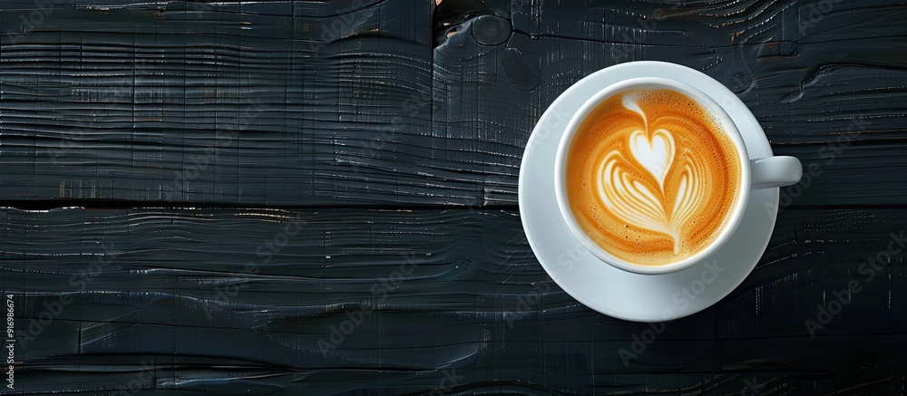 Poster top view of a white coffee cup with heart shaped latte art on a black wooden table by a window creat
