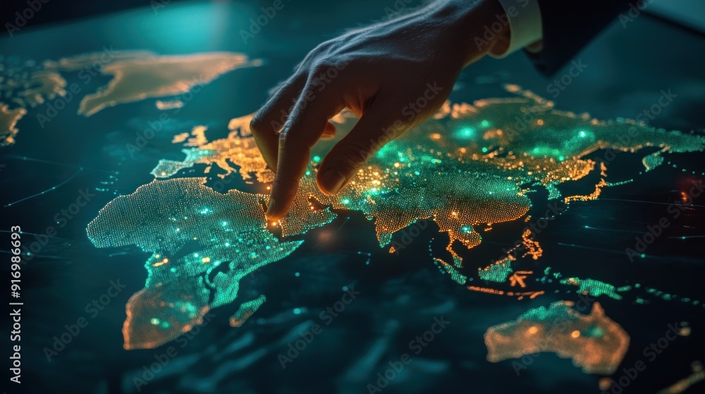Poster digital world map with a hand pointing