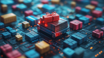 Gift Delivery on Digital Grid: A miniature truck navigates a vibrant, futuristic grid of colorful gift boxes, symbolizing the efficiency and speed of modern online delivery services. The glowing light