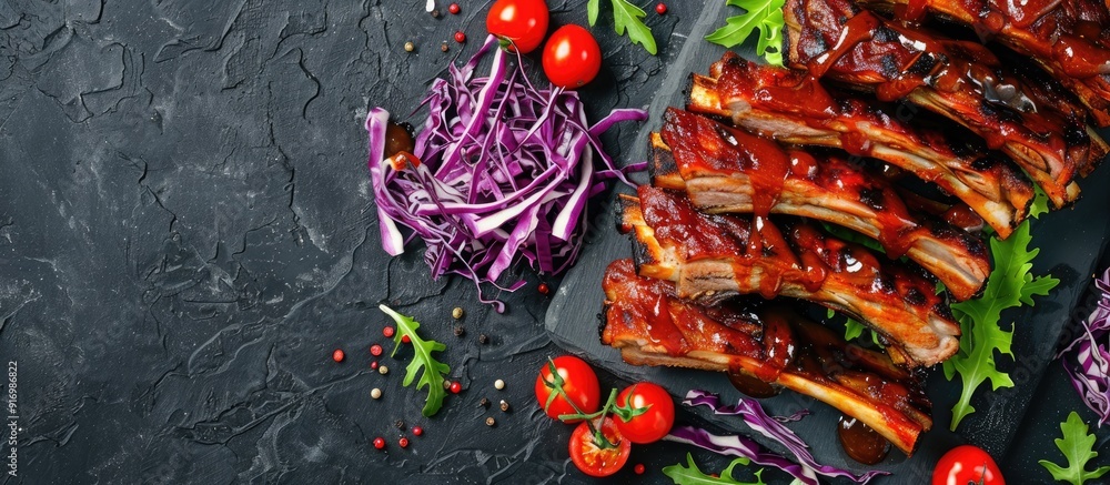 Aufkleber grilled ribs in barbecue sauce with cabbage salad and cherry tomatoes viewed from the side with spac