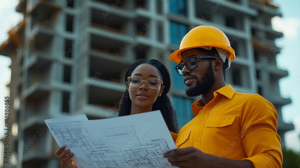 Aufkleber construction engineer team and building project with people planning development and architecture bl