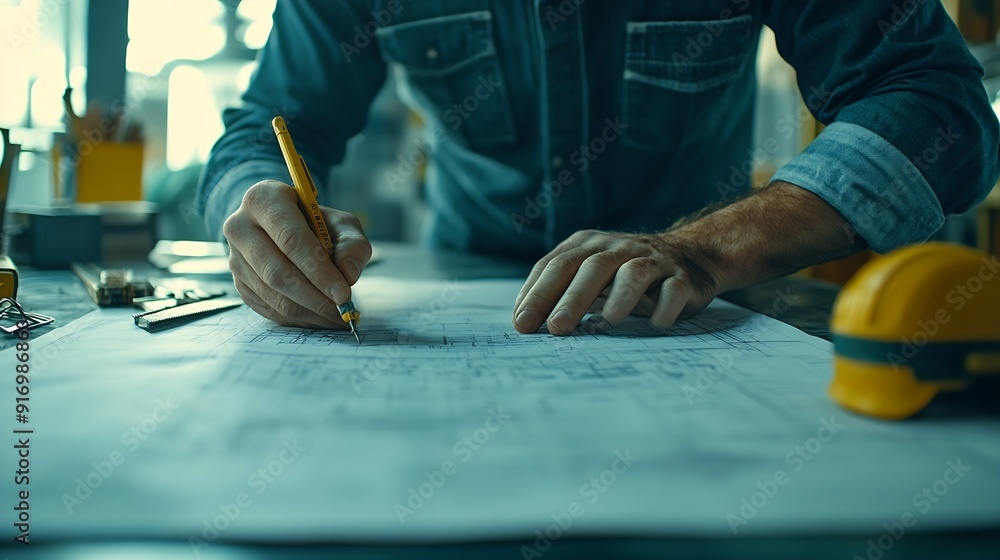 Leinwandbilder Construction and structure concept of engineer working drawing on blueprint meeting for project working with partner on model building and engineering tools in working site constructio : Generative AI