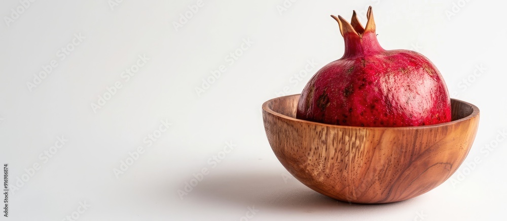 Poster a pomegranate inside a wooden cup on a white background with copy space image available