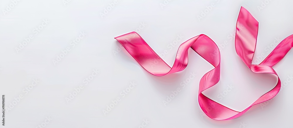 Poster Top view of a pink ribbon symbolizing breast cancer awareness on a white background with empty space for text and other elements in the image. Creative banner. Copyspace image
