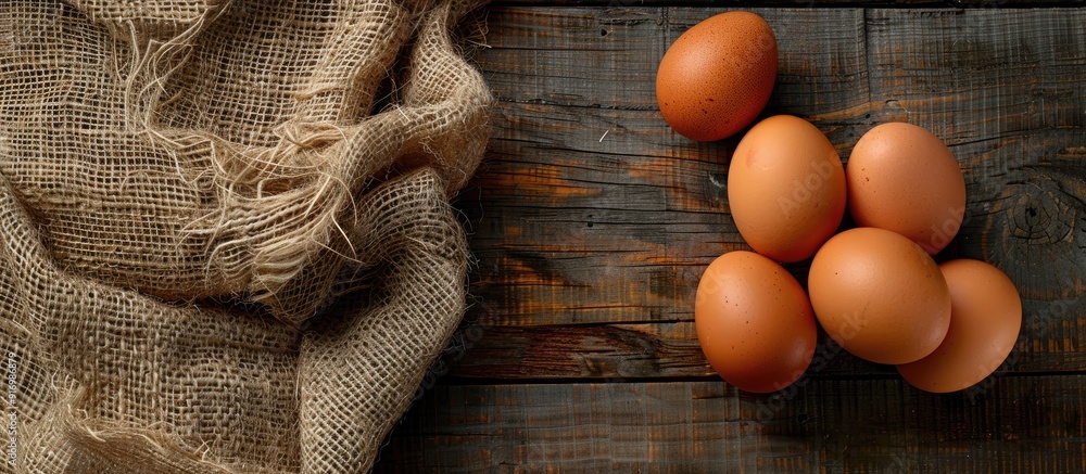 Poster Fresh organic chicken eggs arranged on a rustic burlap cloth in a top down view with a clear area for text or other elements copy space image