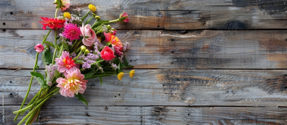 Poster A flower bouquet displayed on a rustic wooden surface with copy space image available