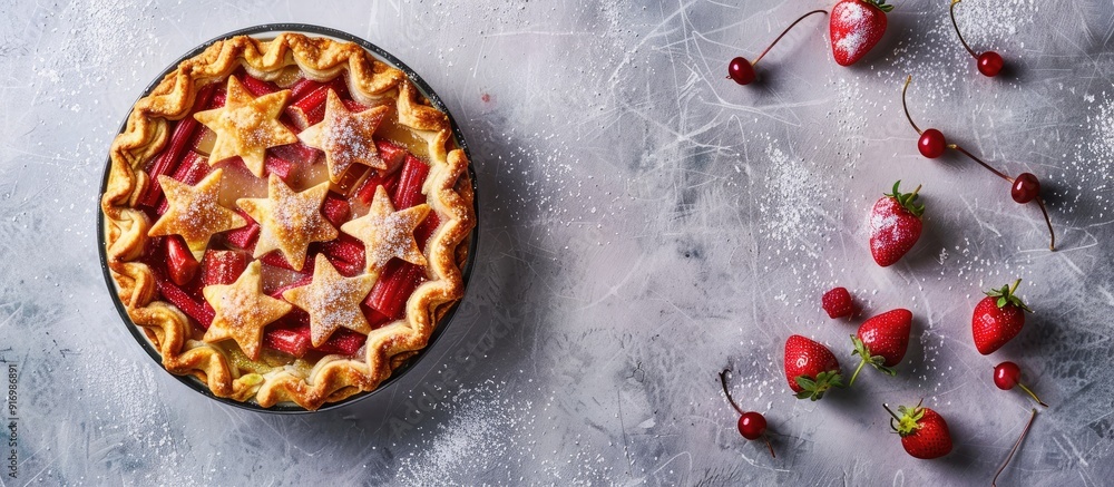 Poster top view of a strawberry and rhubarb pie with star decorations on a grey table featuring copy space 
