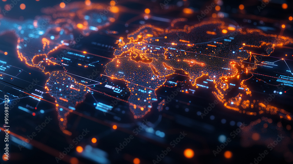 Poster global network: a stylized digital world map with glowing orange lines, representing data connection