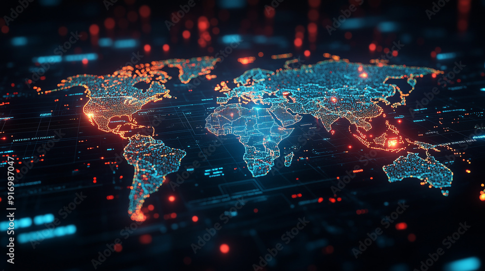 Poster Global Network:  Connecting the World with Digital Innovation - A futuristic abstract image depicting a glowing, digital world map, highlighting global interconnectedness and the power of technology. 