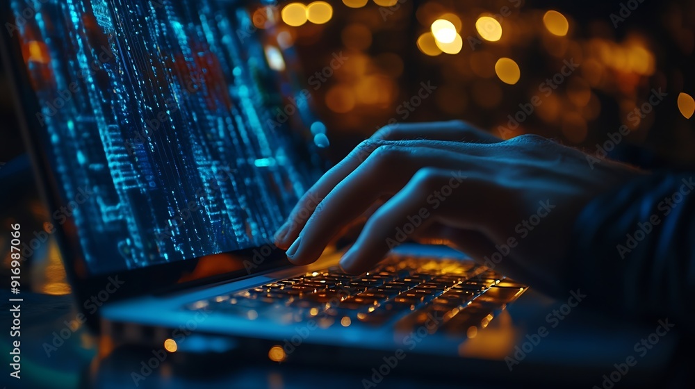Fototapete Cybersecurity privacy of data protection Businessman using laptop protection and Secure encryption technology firewall security in online network secured access to user personal data c : Generative AI