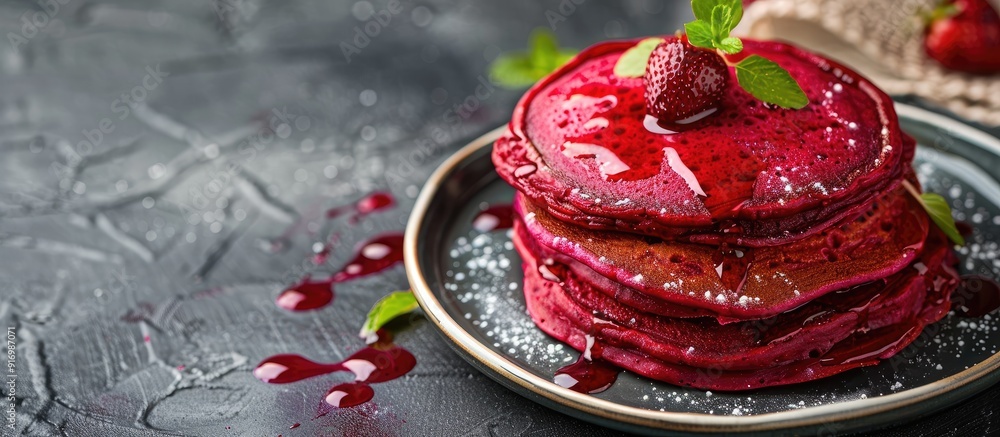 Poster Nutritious beetroot pancakes with copy space image