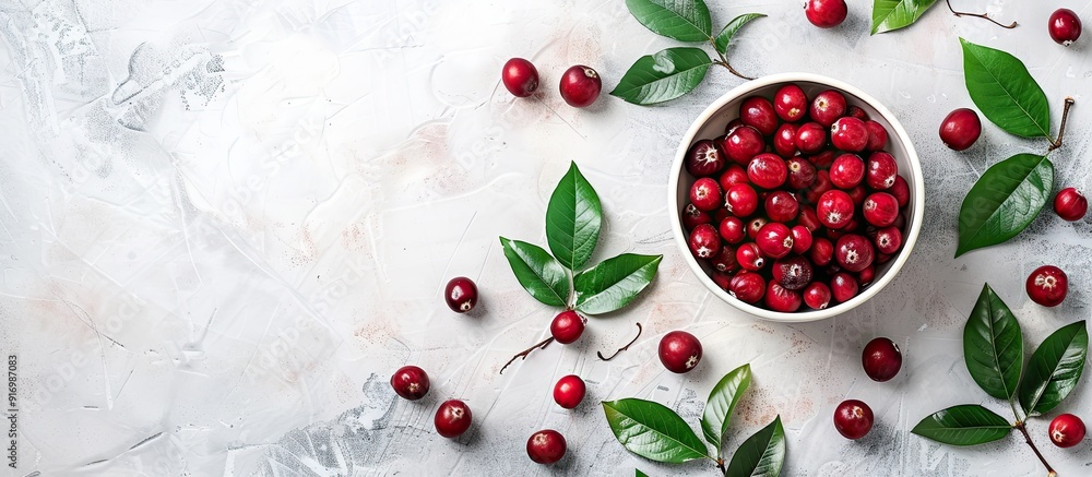 Poster White table displaying dried cranberries green leaves and ample copy space image