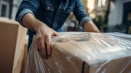 Professional movers wrapping furniture while moving house : Generative AI