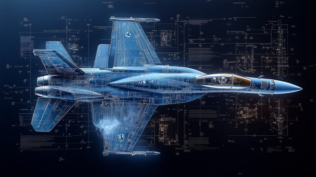 Engineering Supremacy: A sleek, futuristic fighter jet rendered in intricate detail, superimposed over complex blueprints, showcasing the pinnacle of aeronautical engineering. 