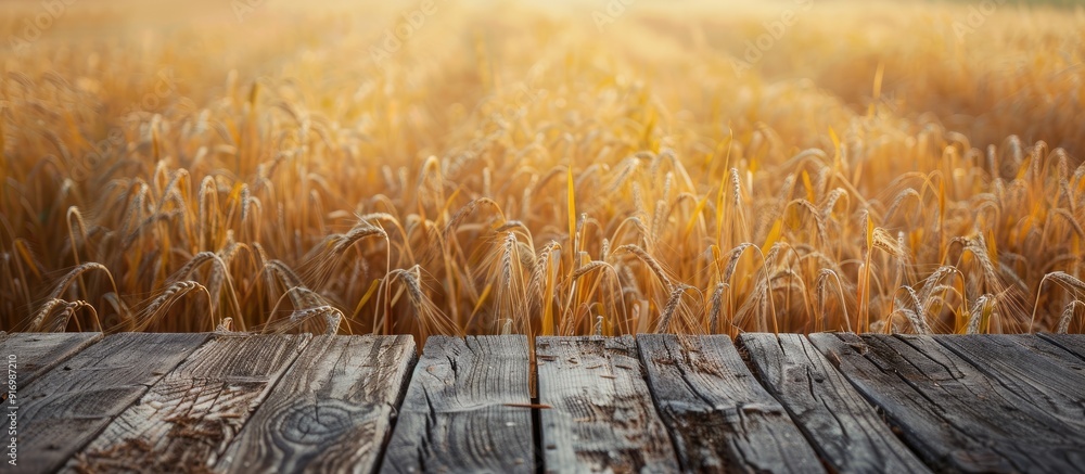 Poster a golden wheat field with an old wooden table set as a decoration ideal for a copy space image