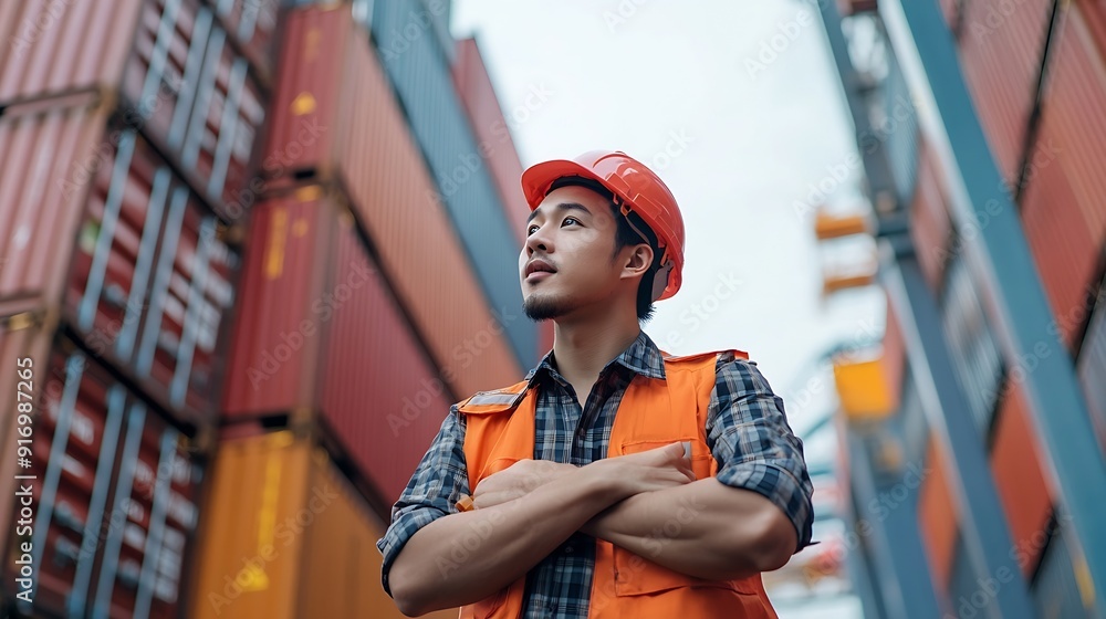 Poster Business and technology digital future cargo logistics transportation import export concept Engineer using radio communication working at industrial port Container online checking cont : Generative AI