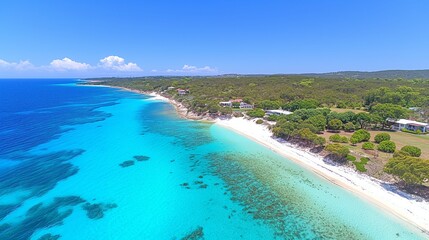 Obraz premium Aerial view of Simpson Beach with turquoise waters, white sand, and lush greenery along the coastline.
