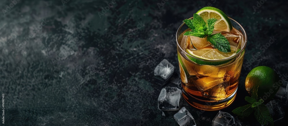 Poster A glass with an alcoholic drink made with lime rum mint and ice placed on a dark backdrop with space for additional content in the image
