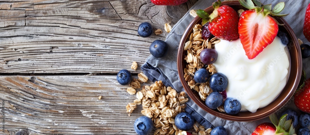Poster A nutritious breakfast featuring granola yogurt blueberries and strawberries in a rustic setting with a wooden backdrop for a copy space image
