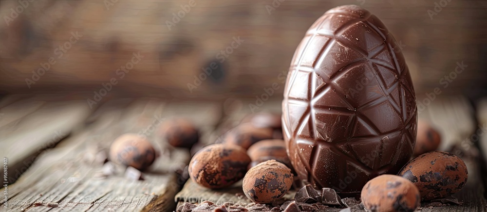 Poster selective focus on a chocolate easter egg with filling on a wooden backdrop featuring copy space ima