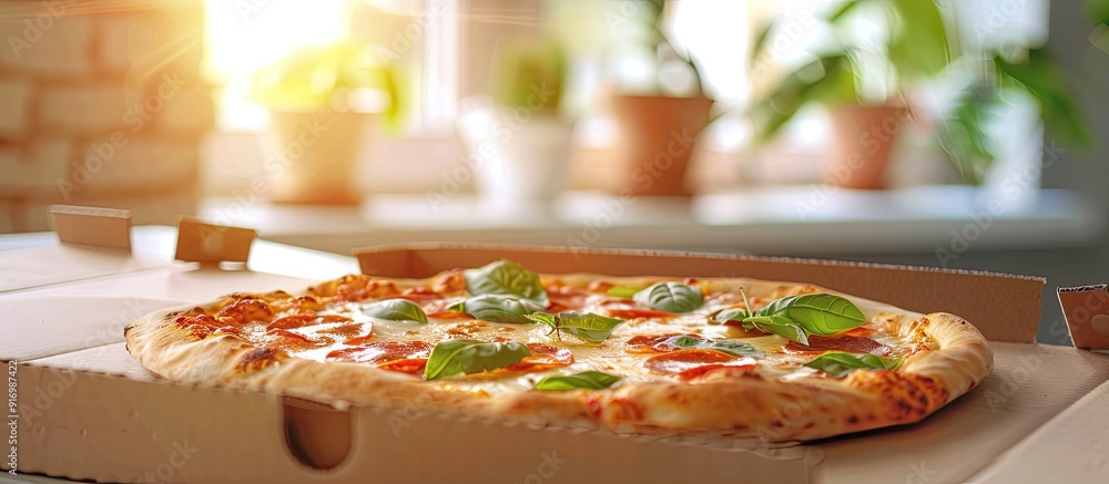 Poster A pizza box with a pizza inside on a table with copy space image
