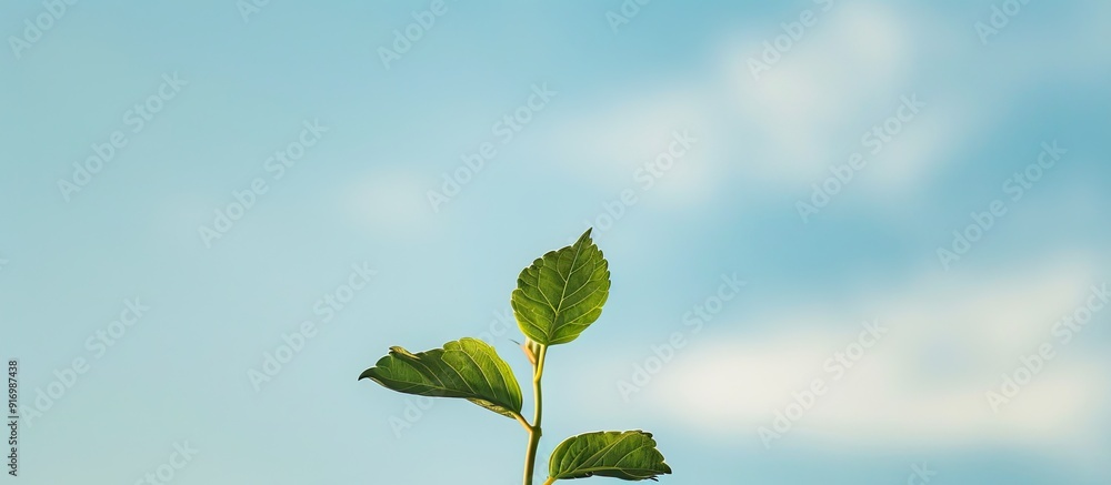 Poster a serene image featuring a small green leaf on a treetop against a backdrop of the sky with ample co