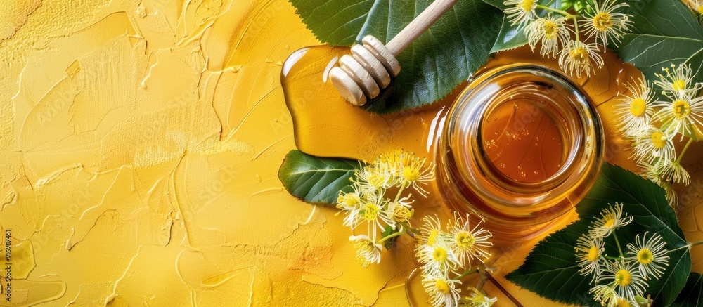 Poster top view of linden honey with leaves flowers and copy space image on a colorful background