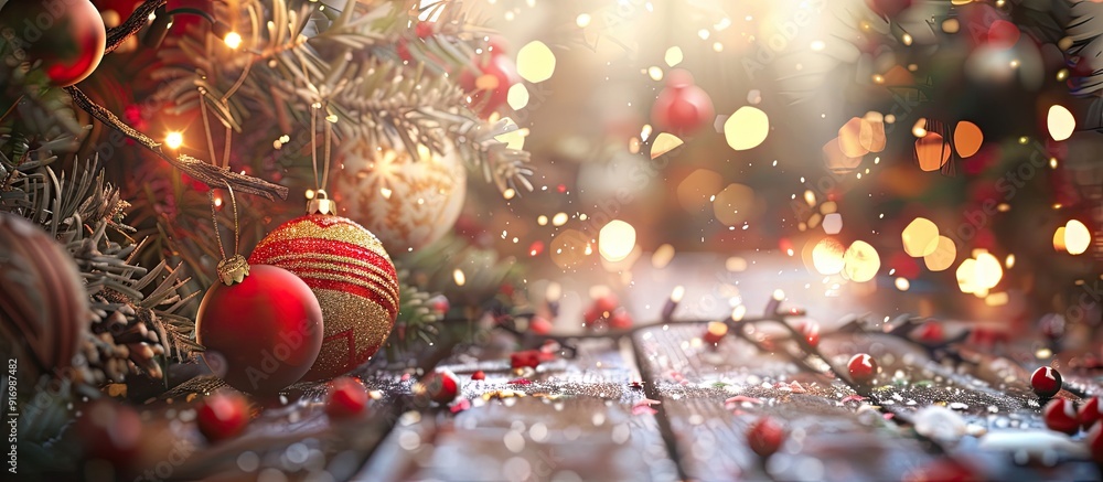 Fototapete soft focus enhances the festive ambiance of a christmas themed setting adorned with branches and toy